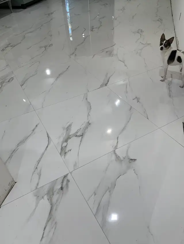 Large glossy white marble-look porcelain floor tiles
